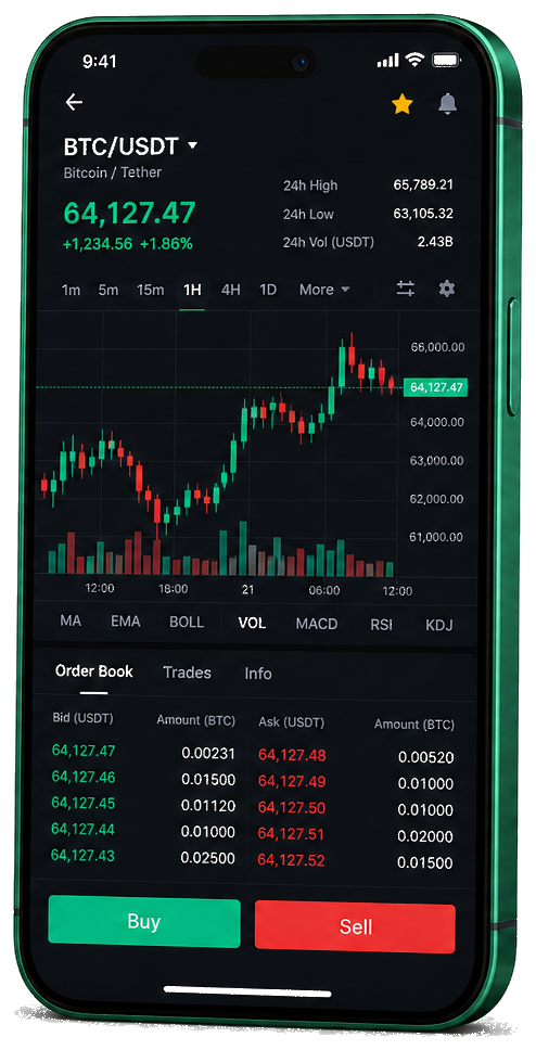 Opulartix mobile trading platform — live BTC/USDT chart, order book and buy/sell interface